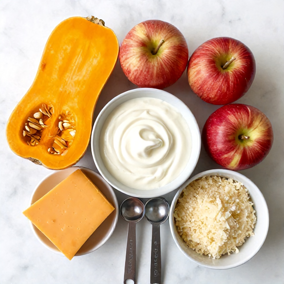 Apple Butternut Squash Casserole ingredients on a white marble surface