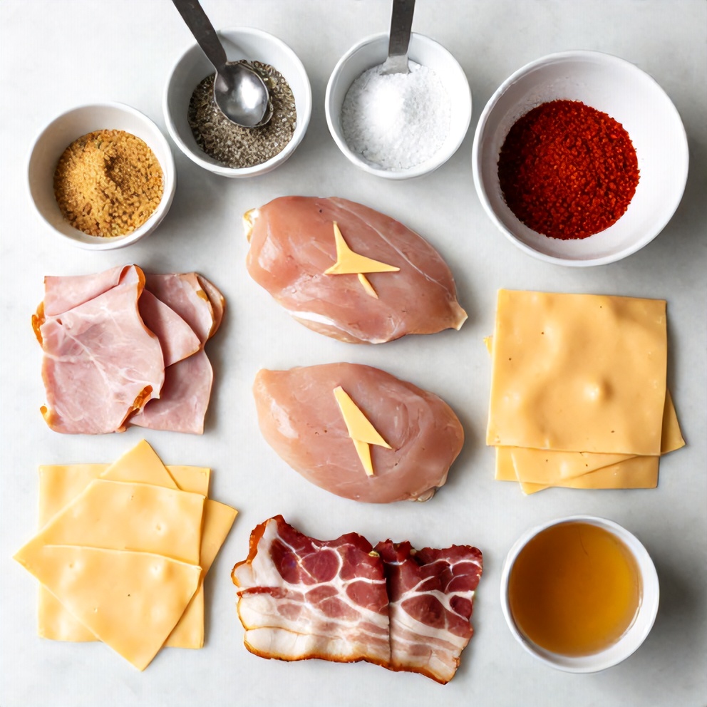 Raw ingredients for baked chicken roll ups with ham and swiss cheese