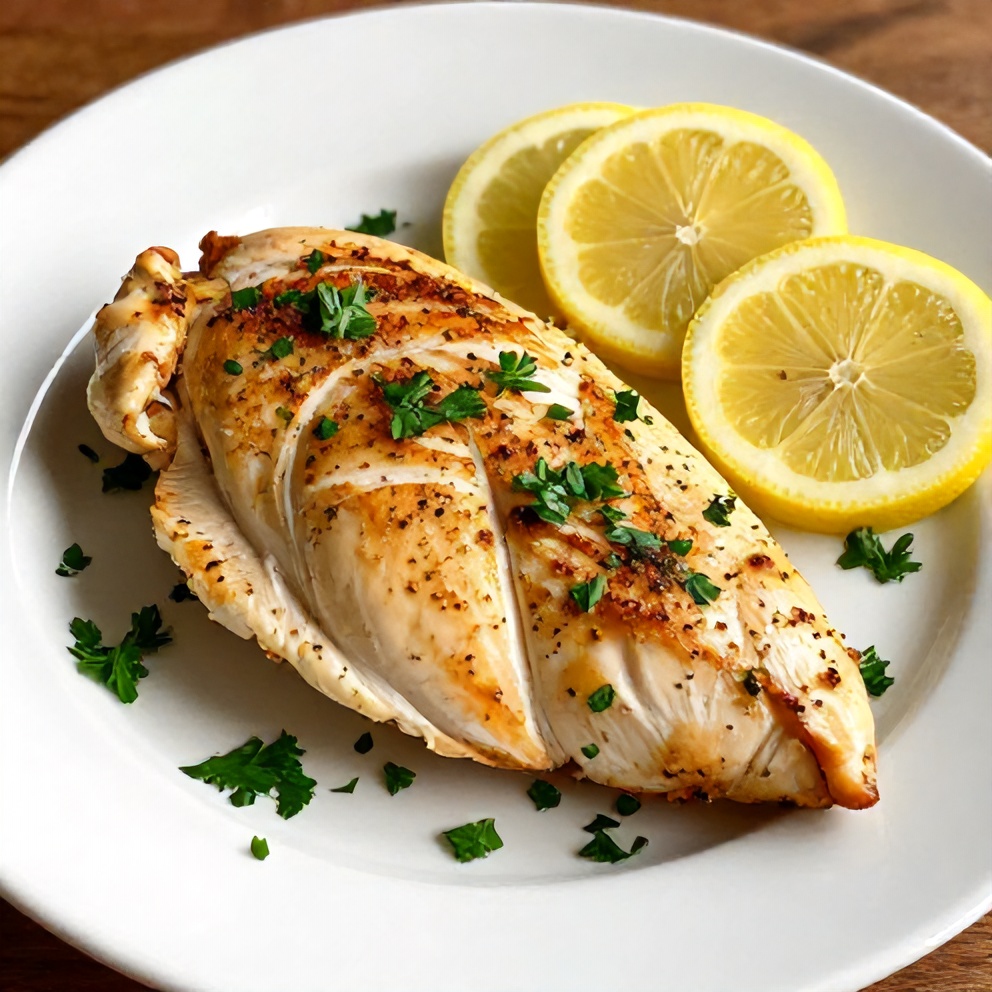 Plated lemon pepper chicken breast with lemon slices and fresh parsley