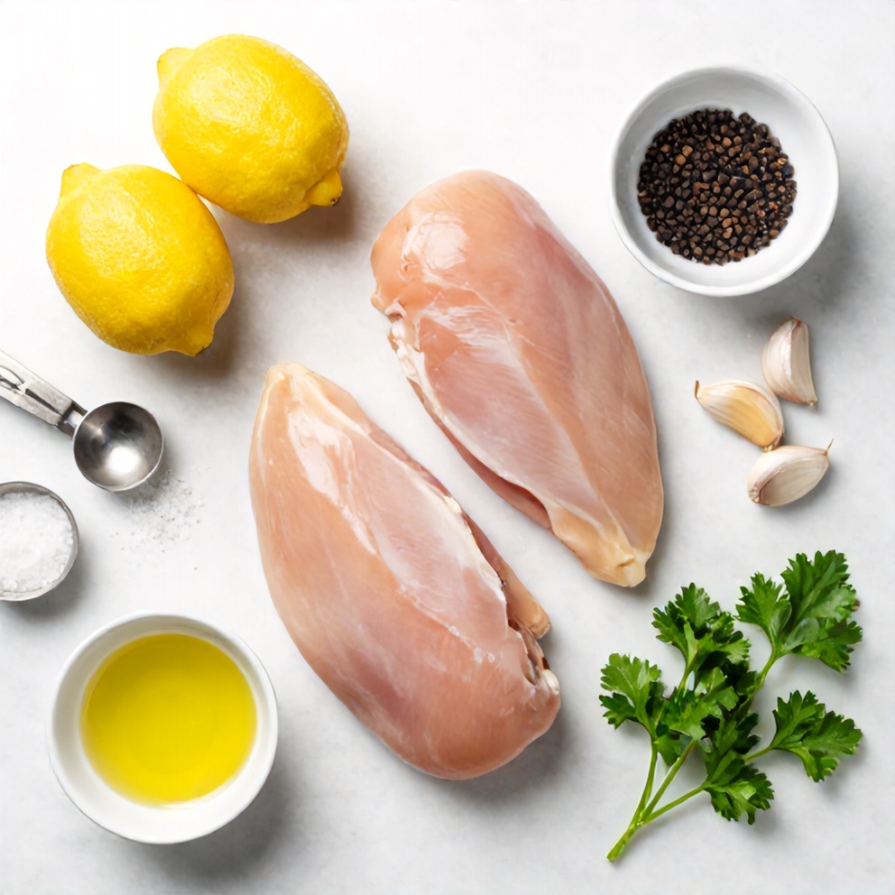 Raw ingredients for lemon pepper chicken: chicken breasts, lemons, pepper, garlic, olive oil, salt, and fresh parsley