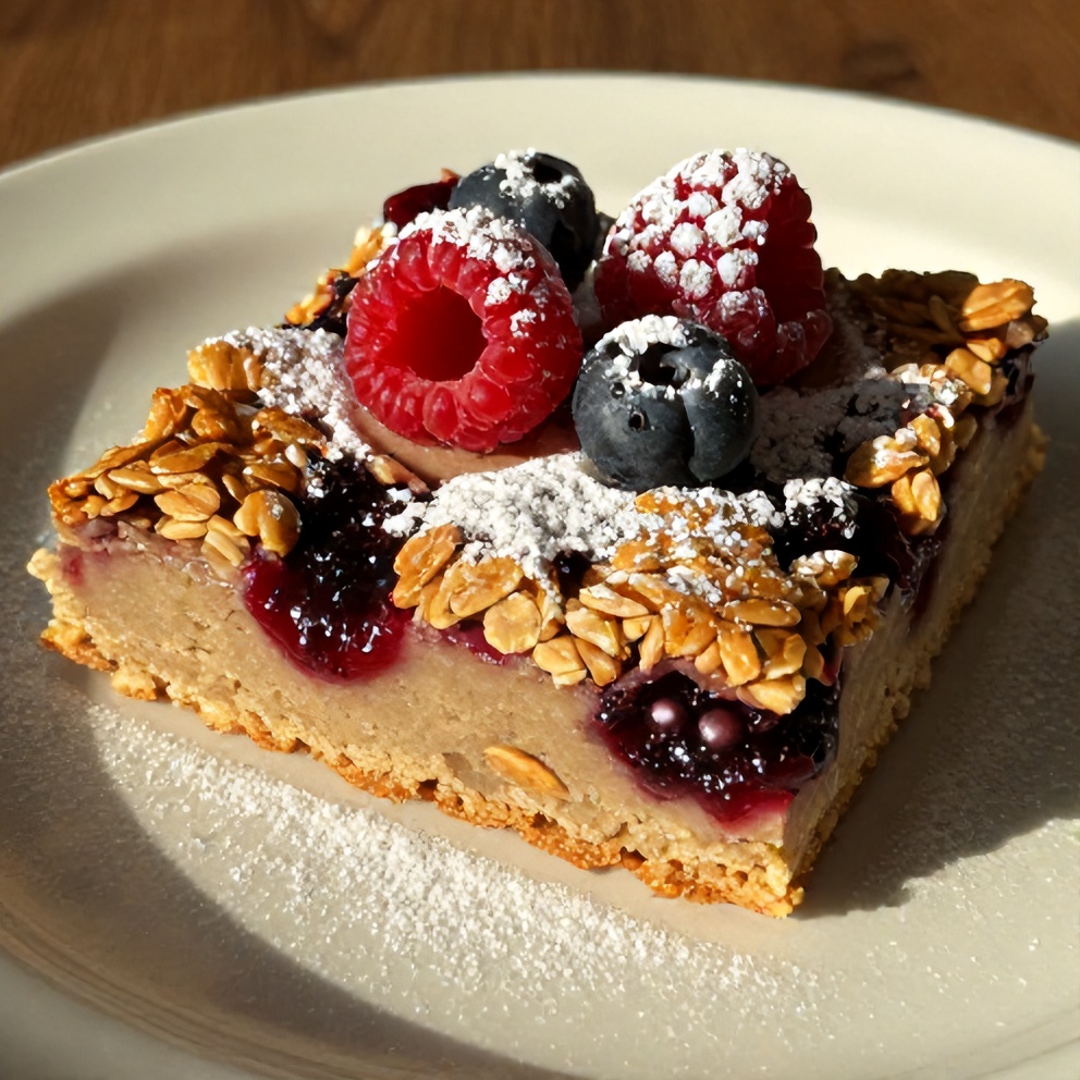 Plated serving of Berry Oat Bars with Raspberry Preserves