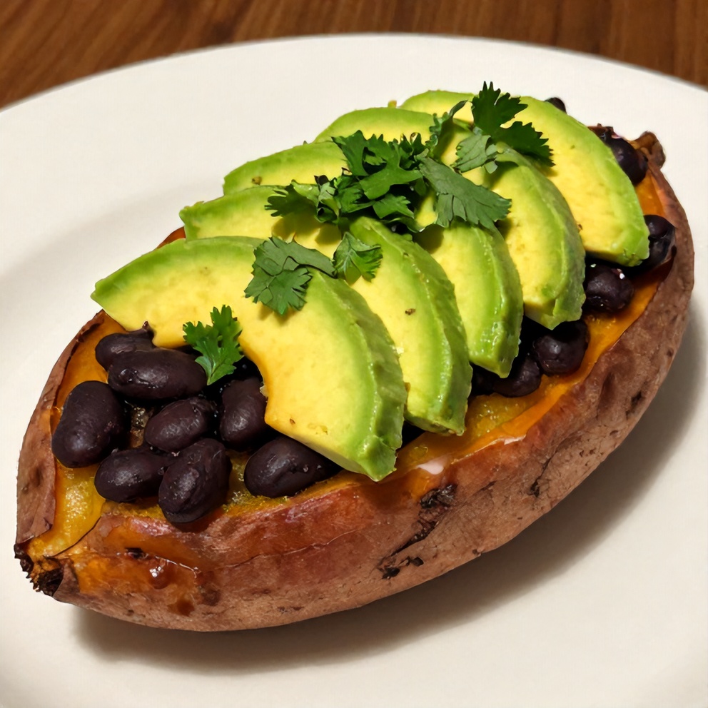 Plated black bean stuffed sweet potatoes with avocado and cilantro