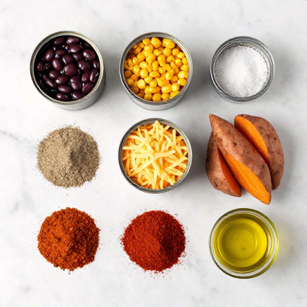 Raw ingredients for black bean stuffed sweet potatoes on a white marble counter