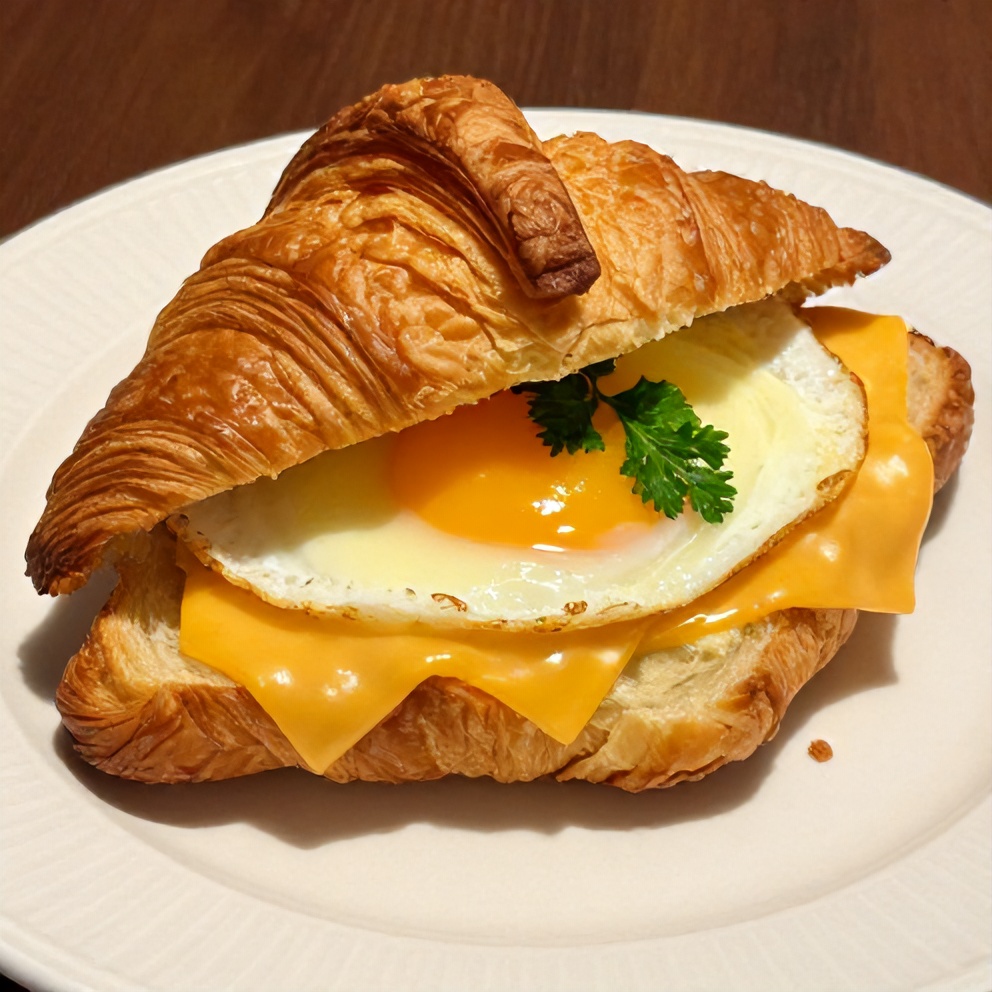 Plated Breakfast Croissant Sandwich with Eggs and Cheese
