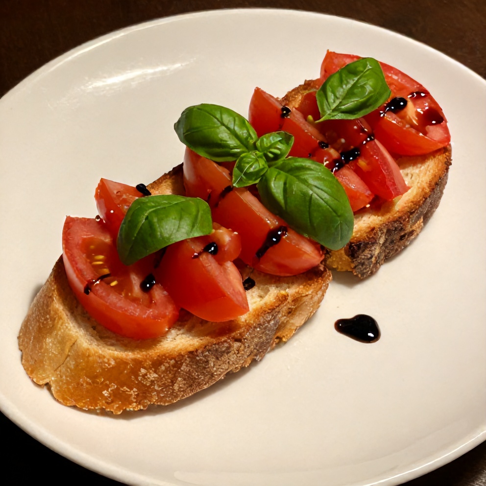 Plated bruschetta with heirloom tomatoes, fresh basil, and balsamic glaze