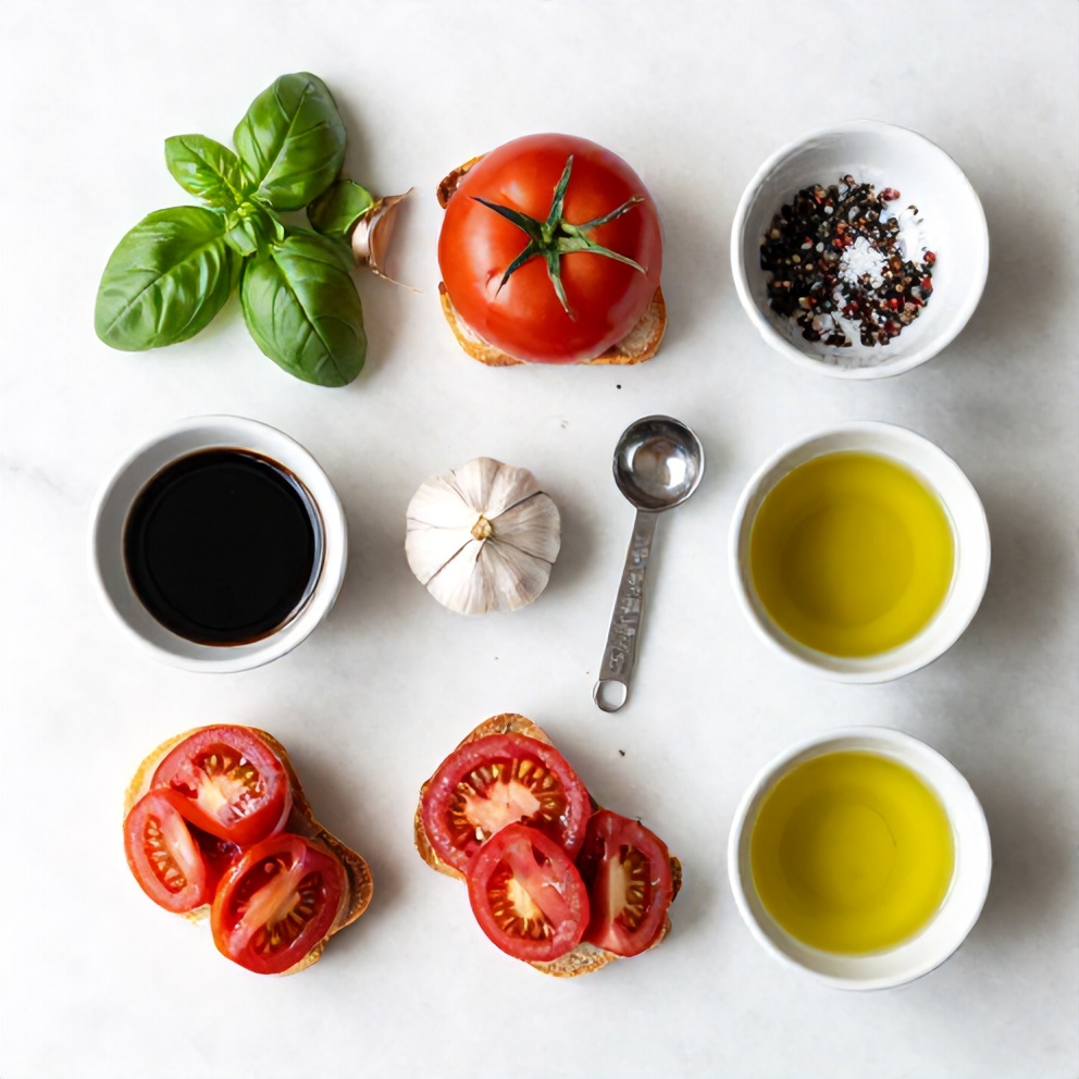 Raw ingredients for easy bruschetta: heirloom tomatoes, fresh basil, garlic, balsamic vinegar