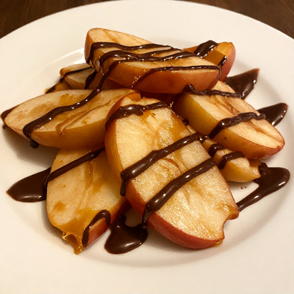 Caramel Apple Slices on a plate with chocolate drizzle