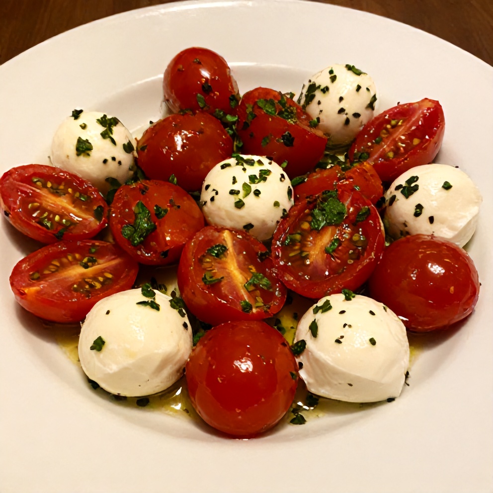 Plated Easy Cherry Tomato Salad with Mozzarella and Fresh Herbs