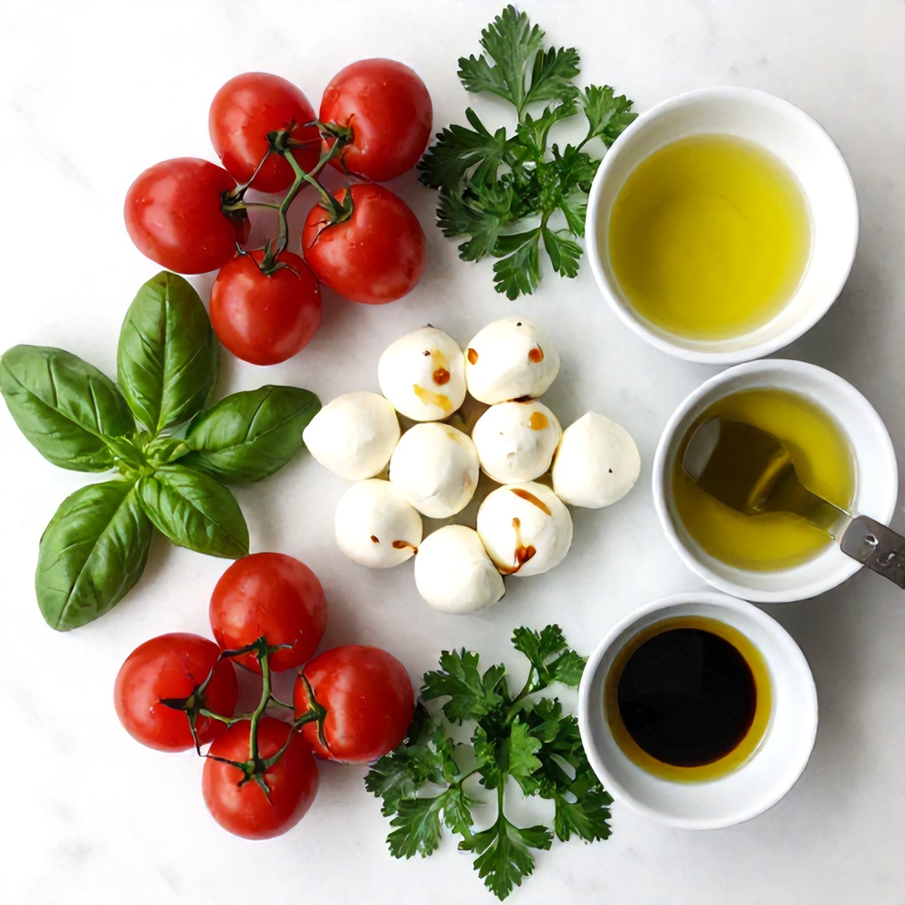 Cherry Tomatoes, Mozzarella Balls, Fresh Basil, Fresh Parsley, Olive Oil, Balsamic Glaze