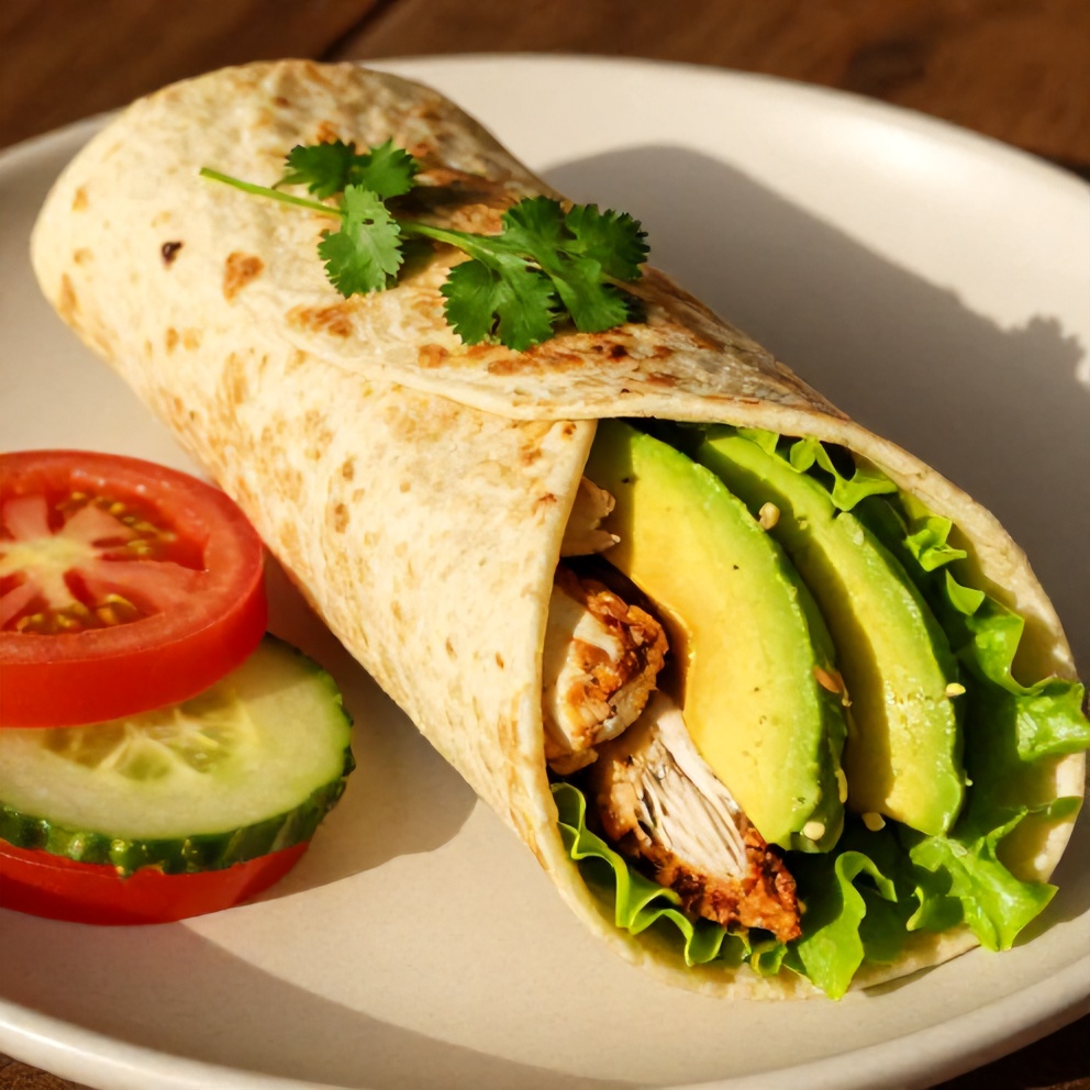 Chicken avocado wrap with lettuce and tomato on a plate