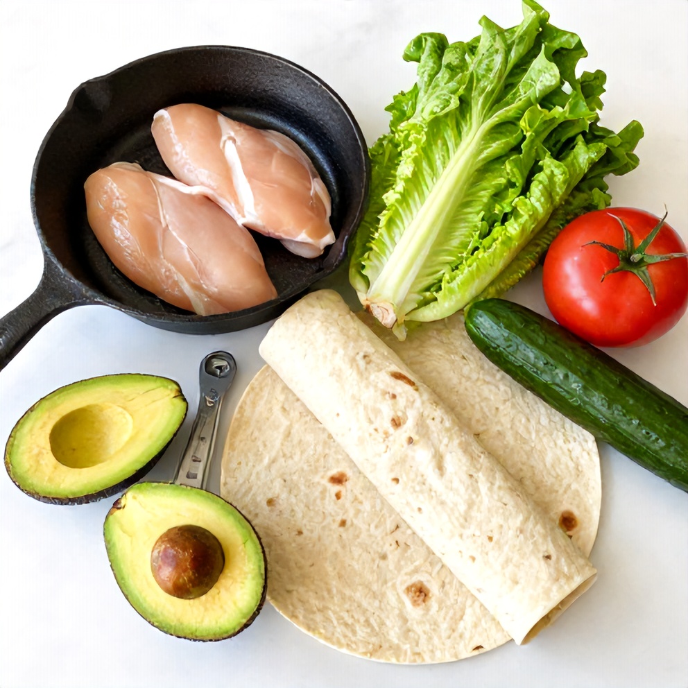 Raw ingredients for chicken avocado wrap on a marble surface