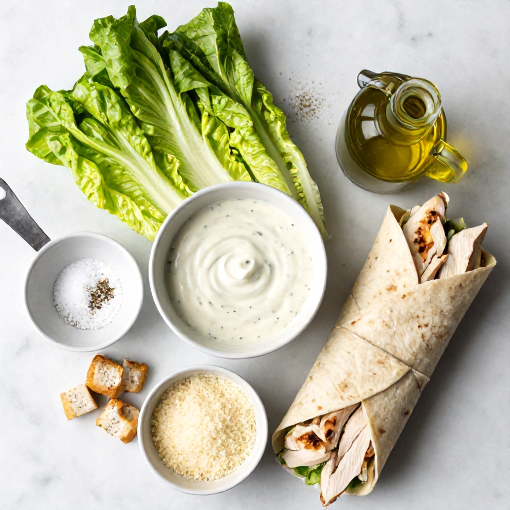 Ingredients for Chicken Caesar Wrap on a marble surface