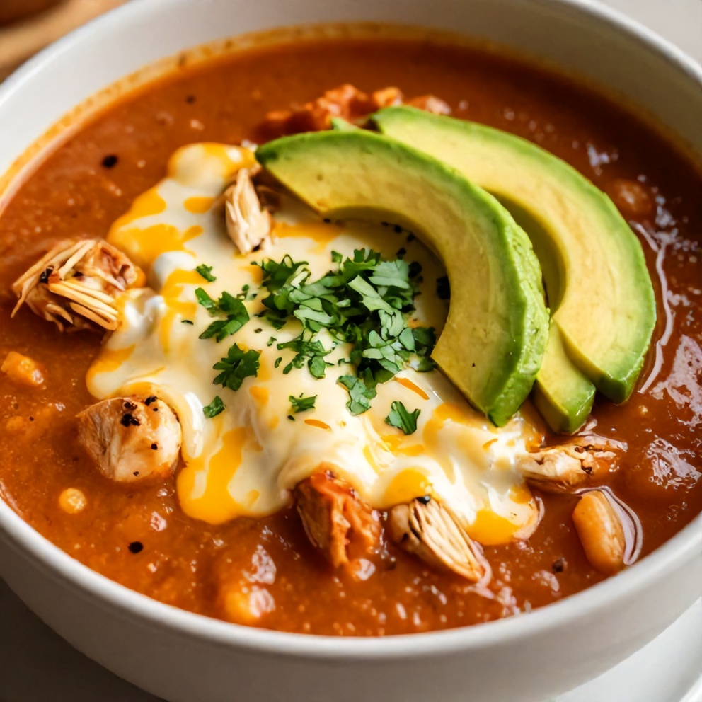 Bowl of Chicken Enchilada Soup with melted cheese, avocado slices, and a sprinkle of cilantro