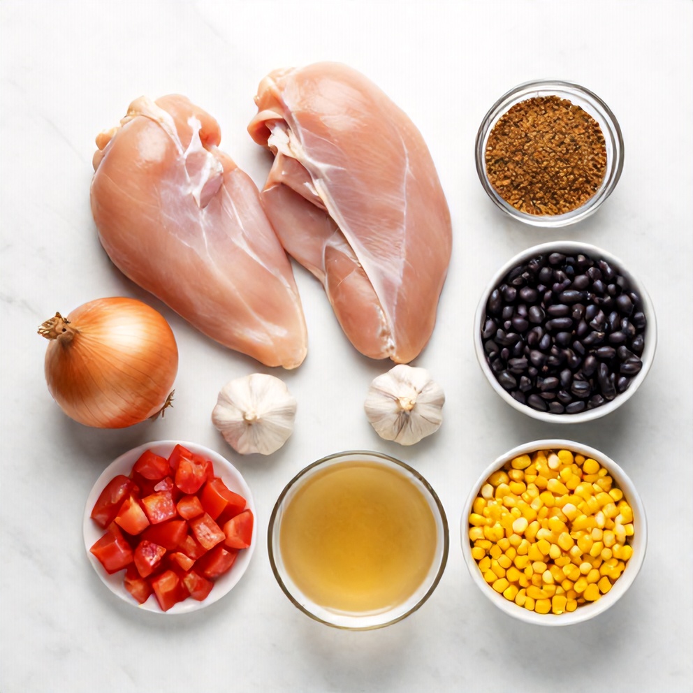 Raw ingredients for Chicken Enchilada Soup: chicken, onions, garlic, diced tomatoes, black beans, corn, and spices