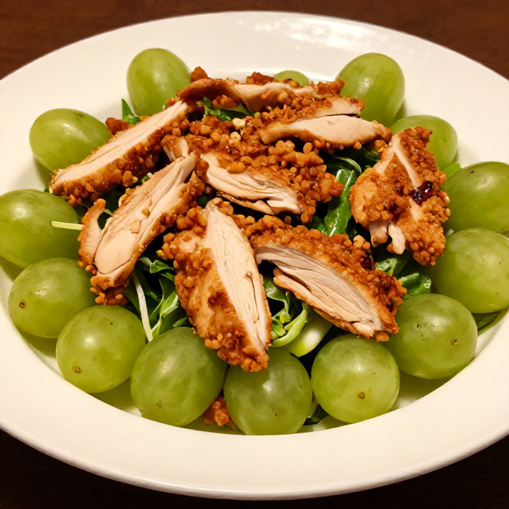 Plated chicken grape salad with crispy chicken and fresh grapes