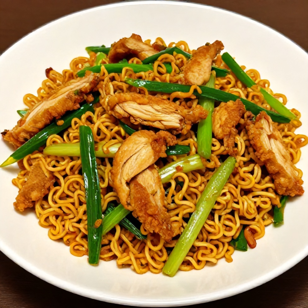 Plated serving of chicken ramen stir fry with green onions