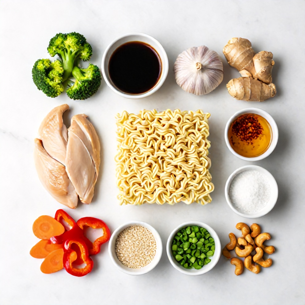 Raw ingredients for chicken ramen stir fry arranged in a flat lay