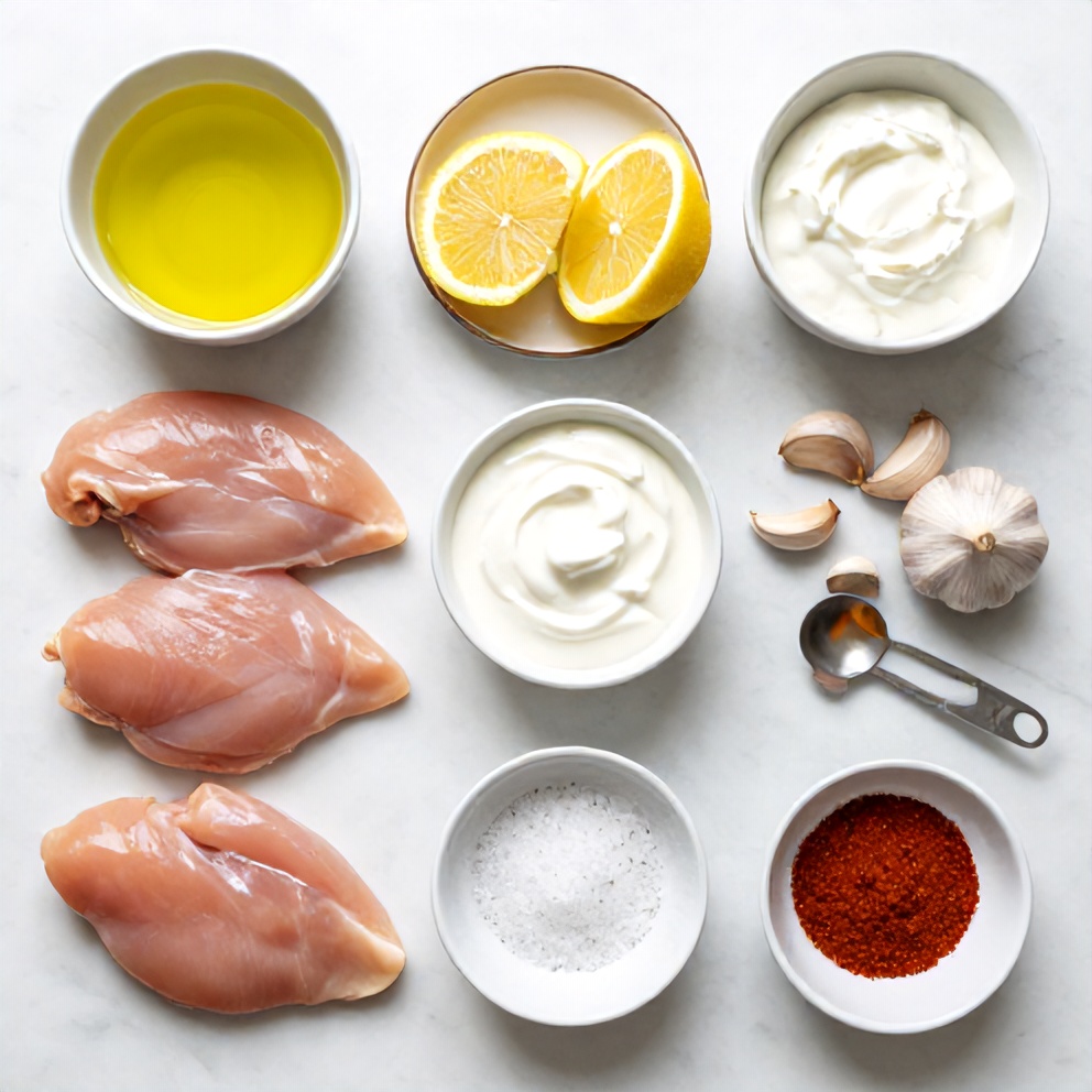 Raw ingredients for chicken shawarma laid out