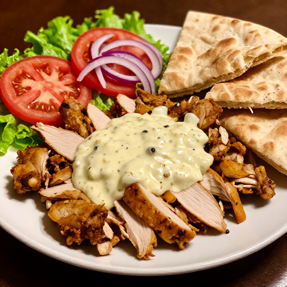 Chicken Shawarma served on a plate with garlic sauce