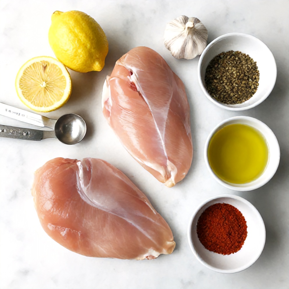 Raw ingredients for Chicken Shawarma laid out on a white marble countertop