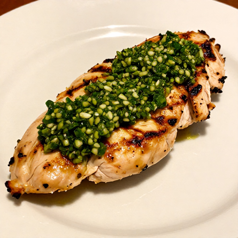 Chimichurri sauce drizzled over grilled chicken