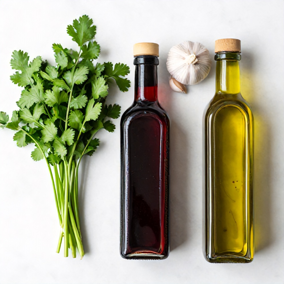 Chimichurri sauce ingredients on wooden board