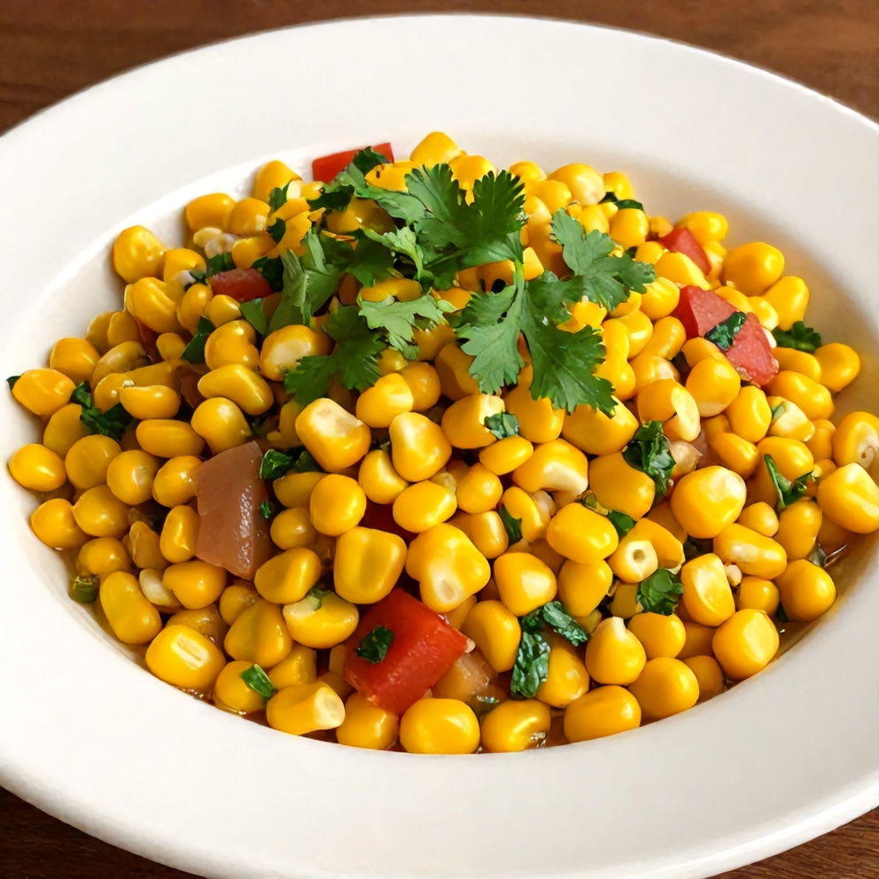 One perfect plated serving of Easy Chipotle Corn Salsa on a white plate, garnished with fresh cilantro. Close crop, warm side lighting showing texture.