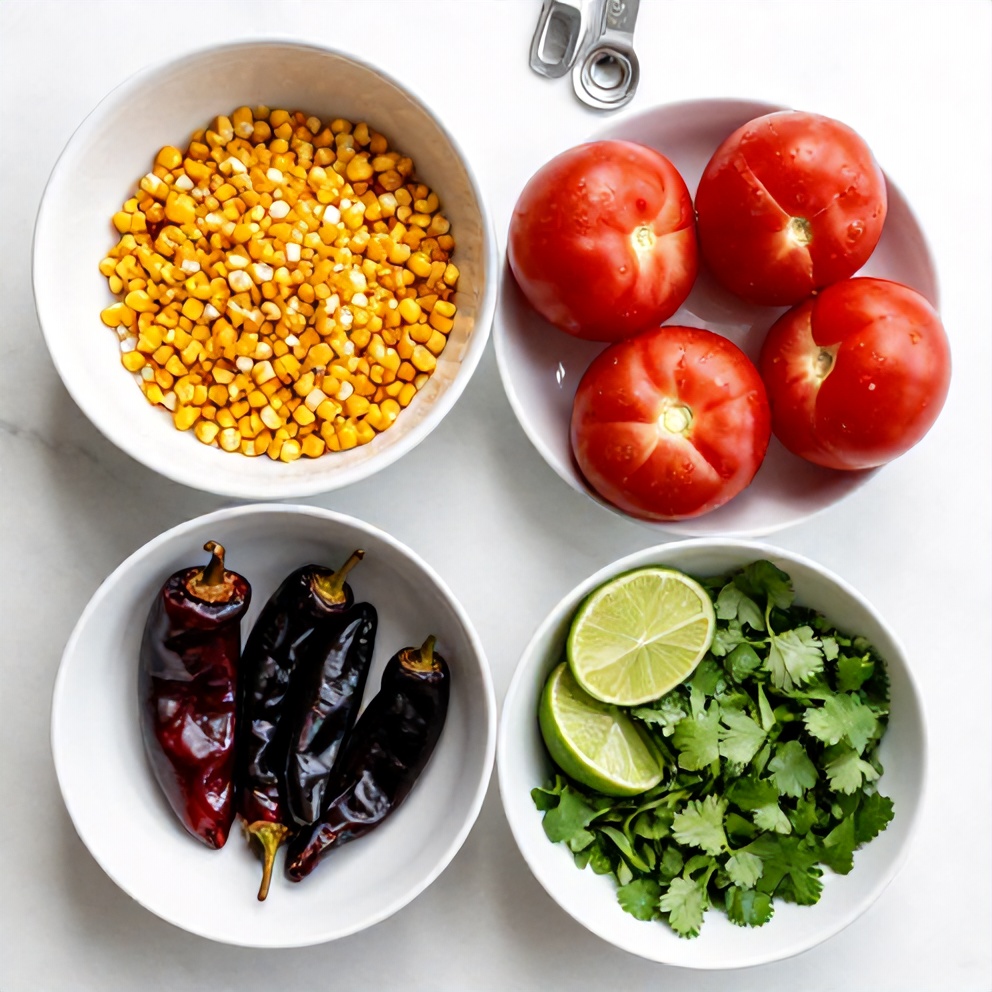 Overhead flat lay of raw ingredients for Easy Chipotle Corn Salsa: crispy corn, juicy tomatoes, smoky chipotle peppers, lime, and cilantro. Prep bowls and measuring spoons visible on white marble surface.