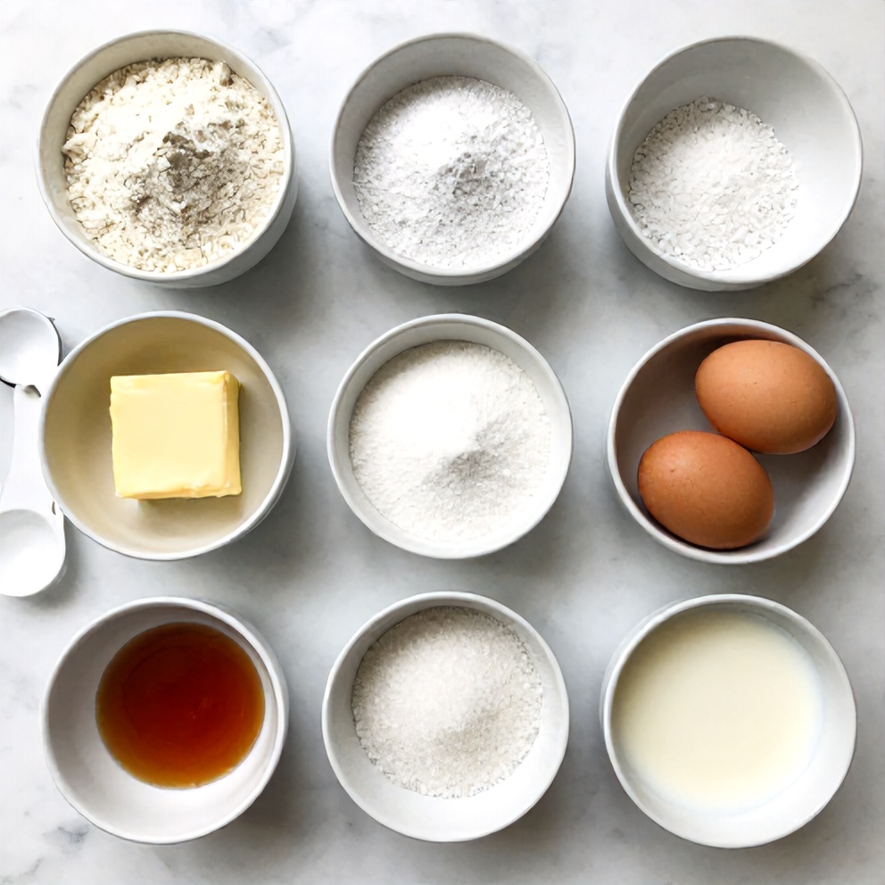 Raw ingredients for Easy Coconut Milk Snack Cake on a marble surface