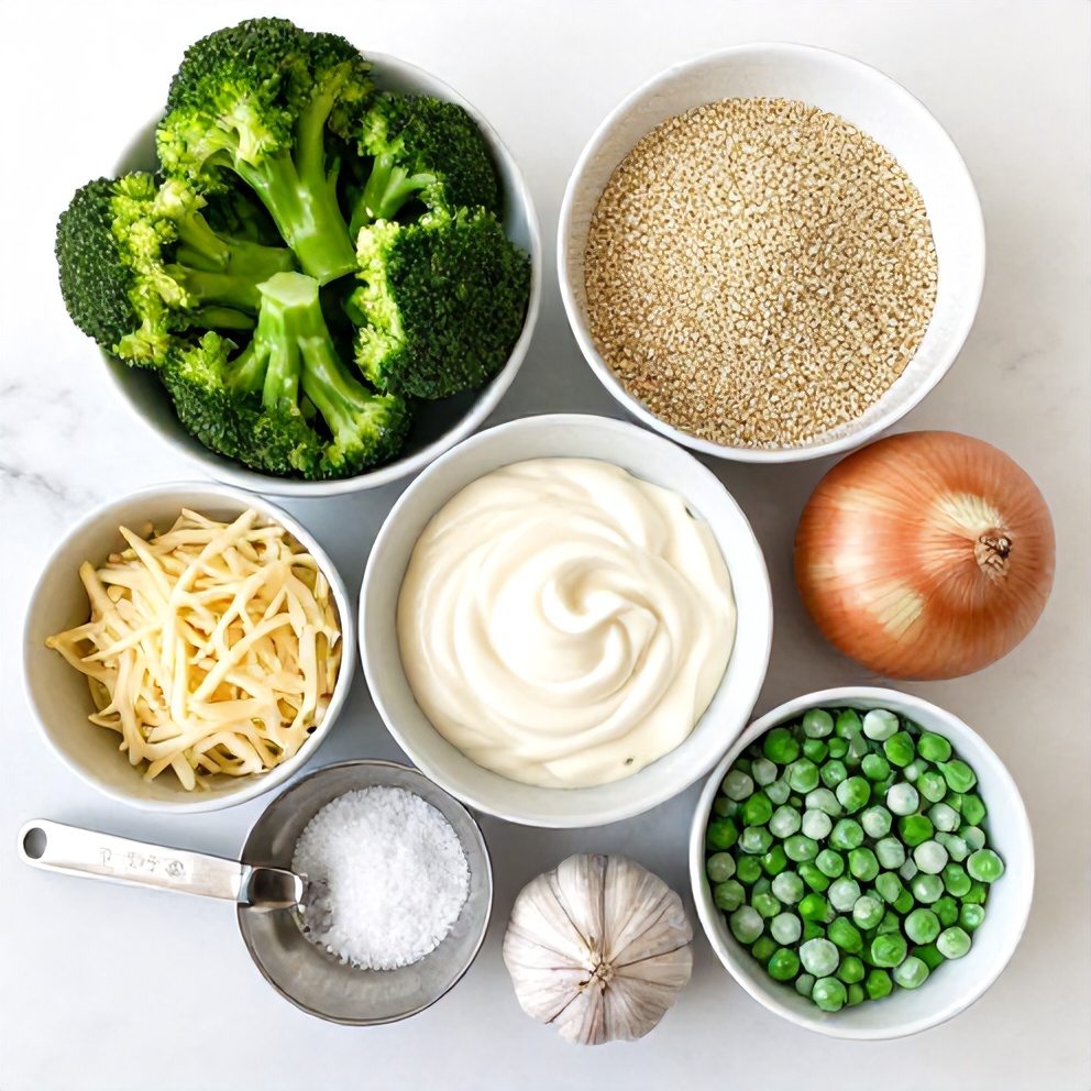 Raw ingredients for Broccoli Quinoa Bake