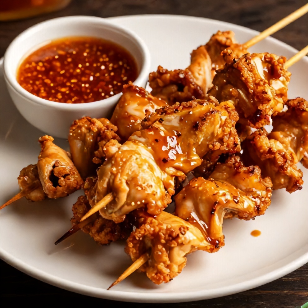 Plated bang bang chicken skewers with spicy dipping sauce