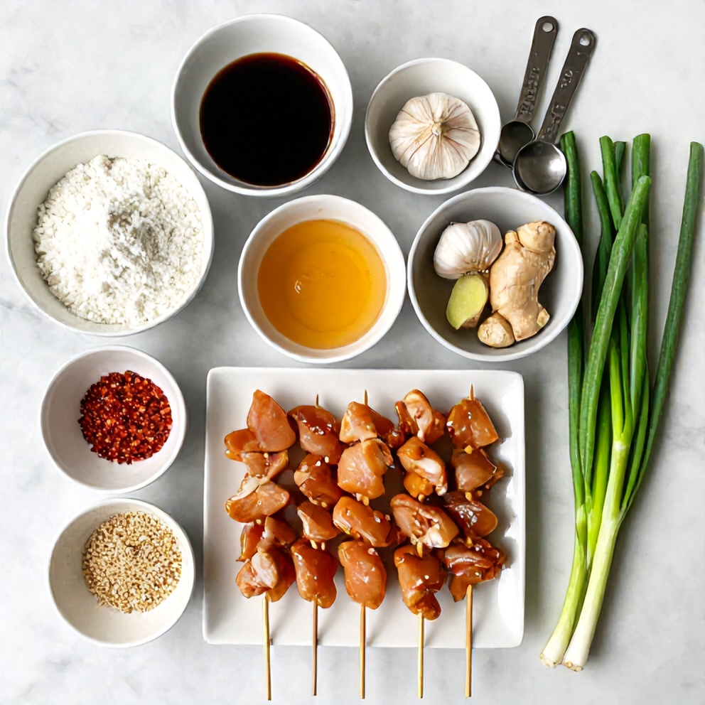 Raw ingredients for bang bang chicken skewers