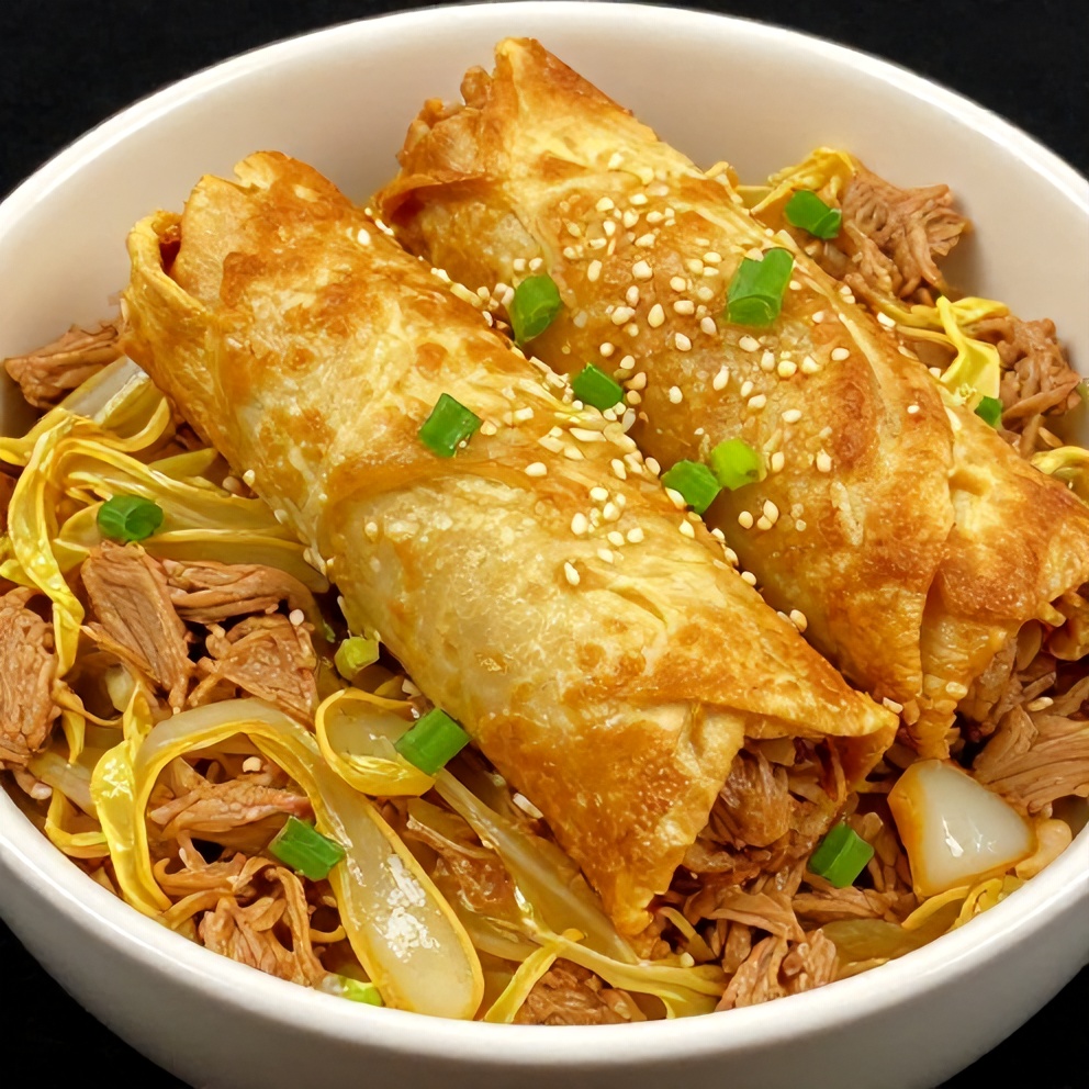Plated serving of crispy egg roll in a bowl