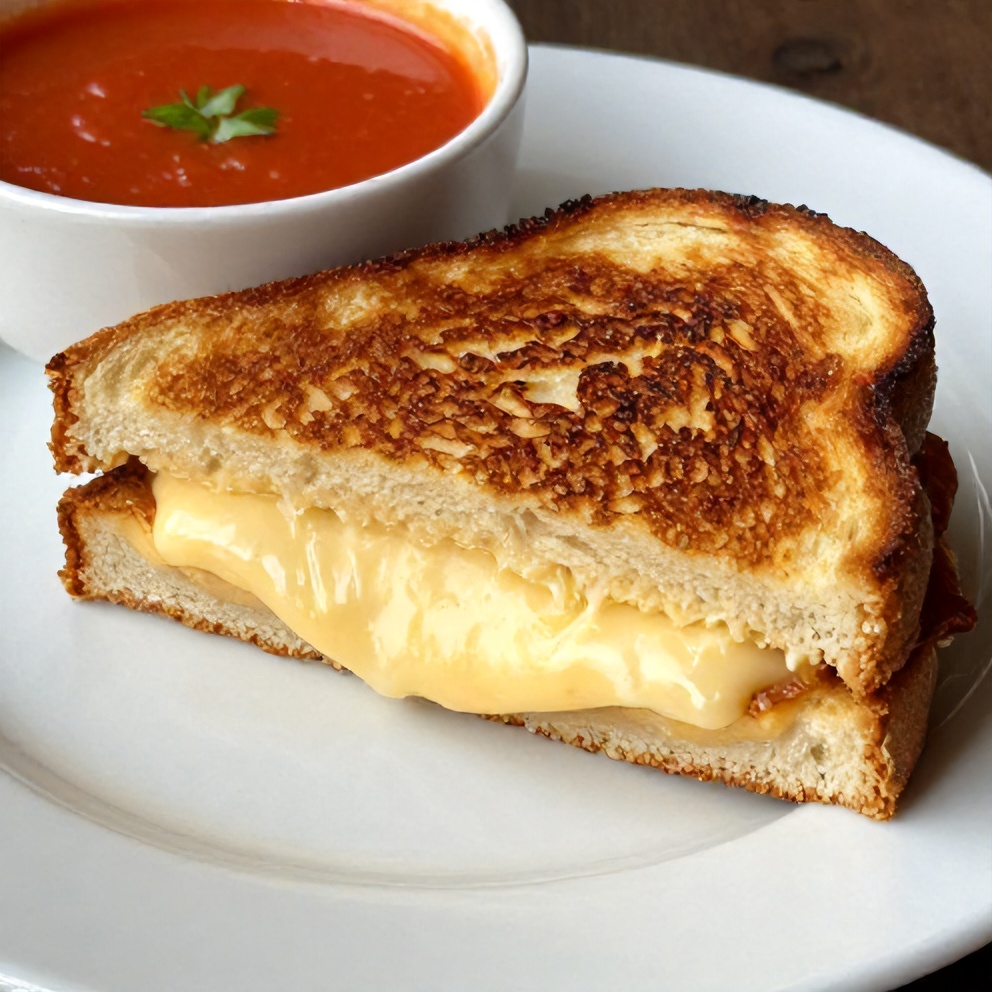 Grilled cheese sandwich on a plate, with a side of tomato soup
