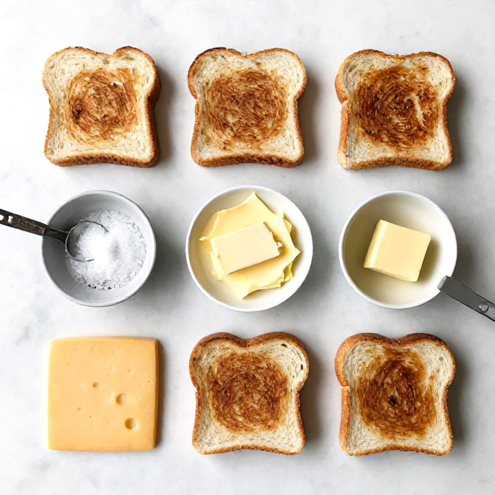 Bread, cheese, butter, and seasonings laid out on a marble counter