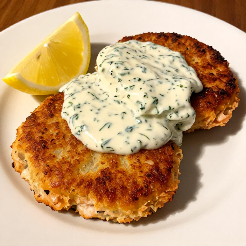 Plated salmon cakes with creamy dill sauce and lemon wedge