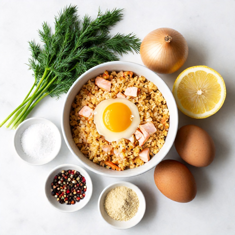 Raw ingredients for salmon cakes including salmon, breadcrumbs, and eggs