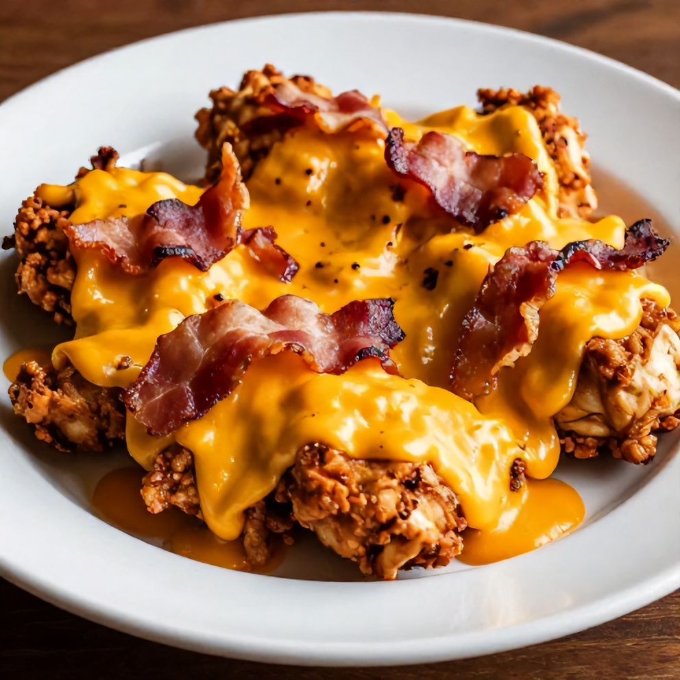 Plated serving of Crock Pot Crack Chicken with melted cheese and crispy bacon