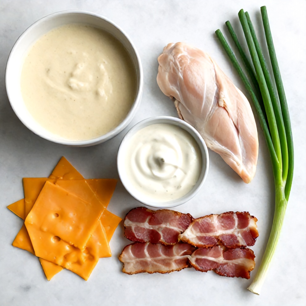Raw ingredients for Crock Pot Crack Chicken: chicken breasts, cream of chicken soup, ranch dressing, cheddar cheese, bacon, and green onions