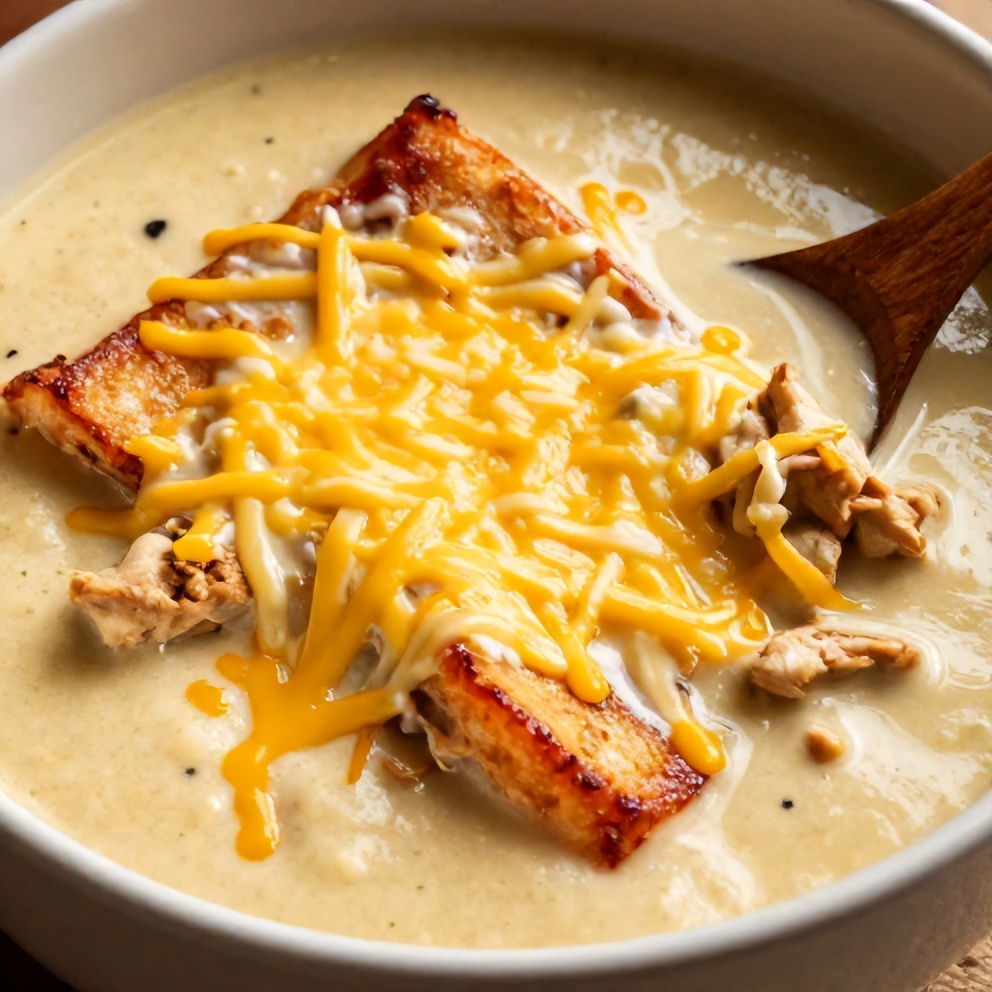 Bowl of creamy Crock Pot Chicken Parmesan Soup with melted mozzarella cheese