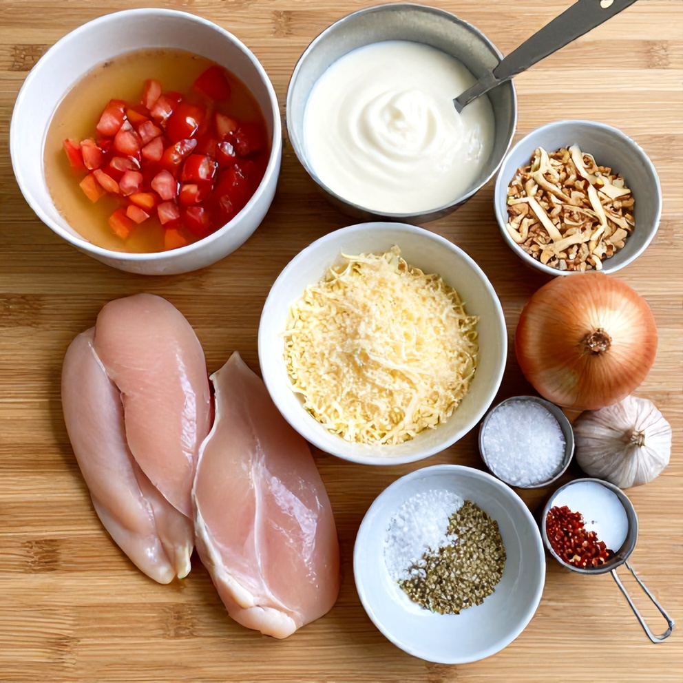 Raw ingredients for Crock Pot Chicken Parmesan Soup laid out on a wooden surface