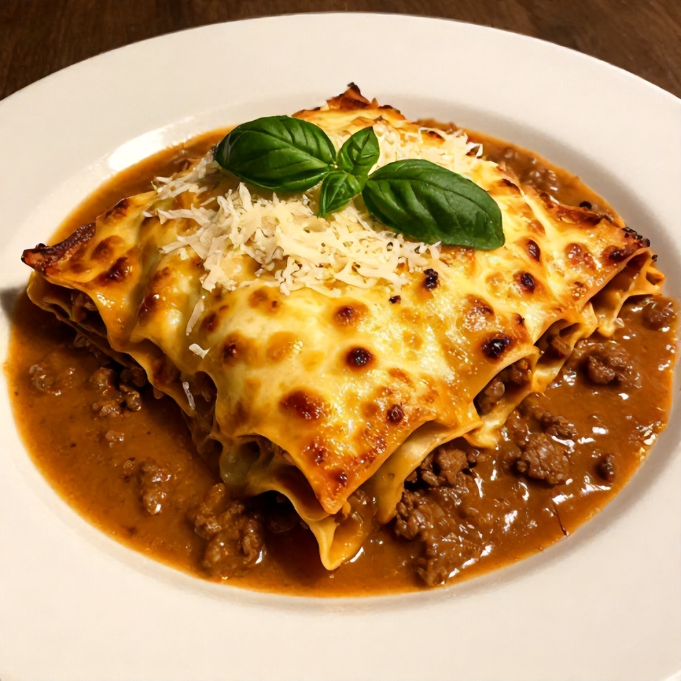 Plated serving of Crockpot Lasagna with a side of garlic bread