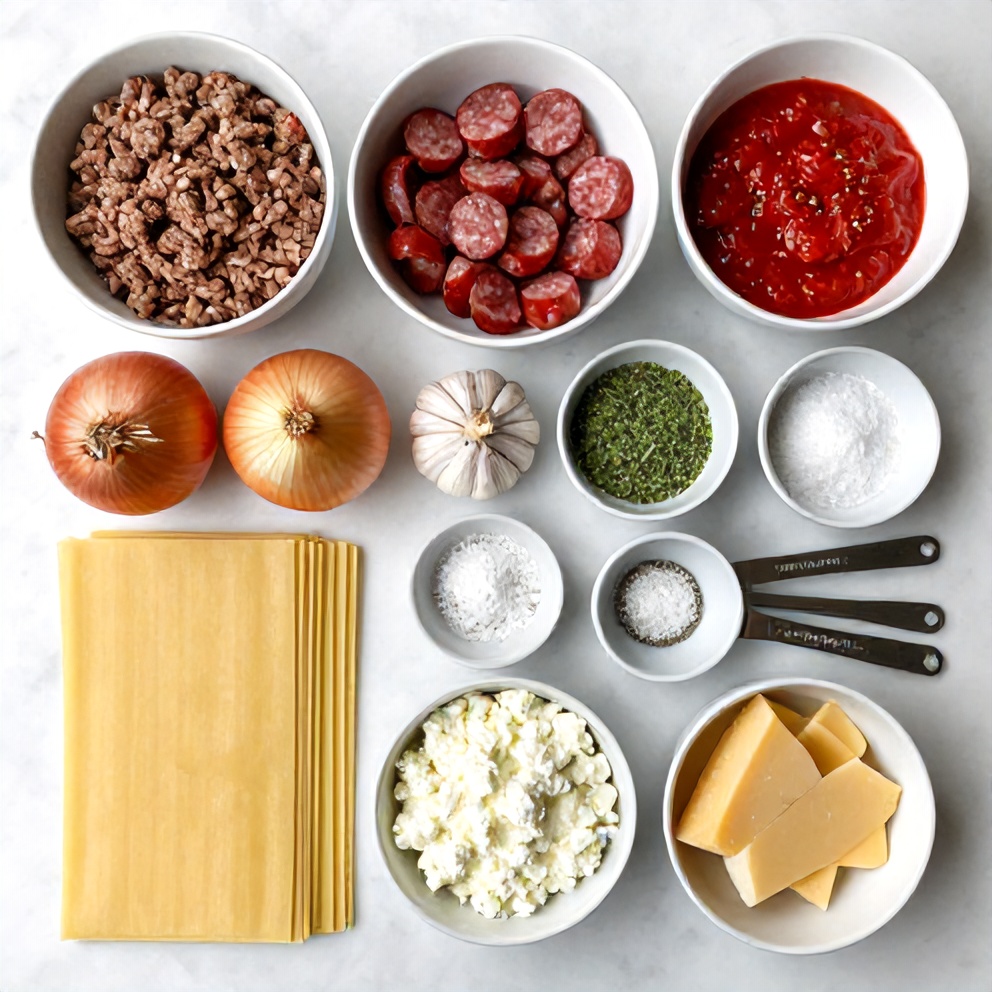 Raw ingredients for Crockpot Lasagna laid out on a marble surface