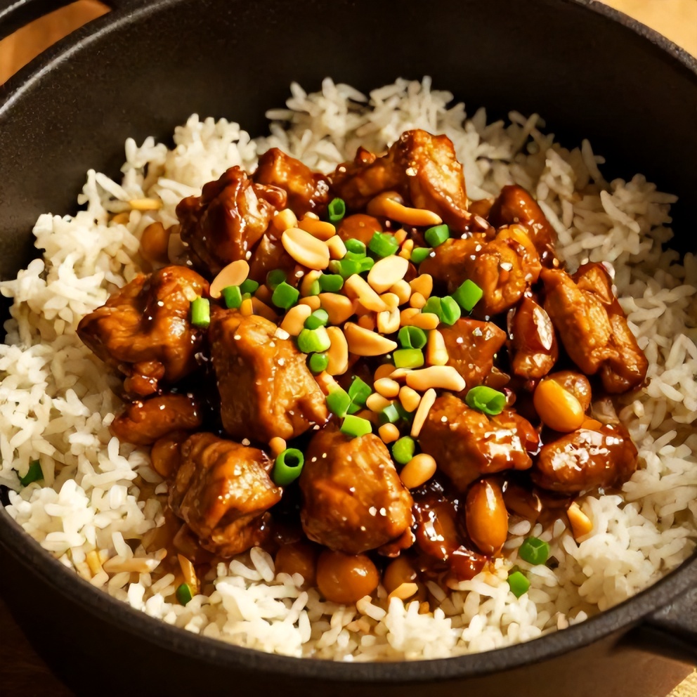 Plated Crockpot Thai Peanut Chicken with steamed rice