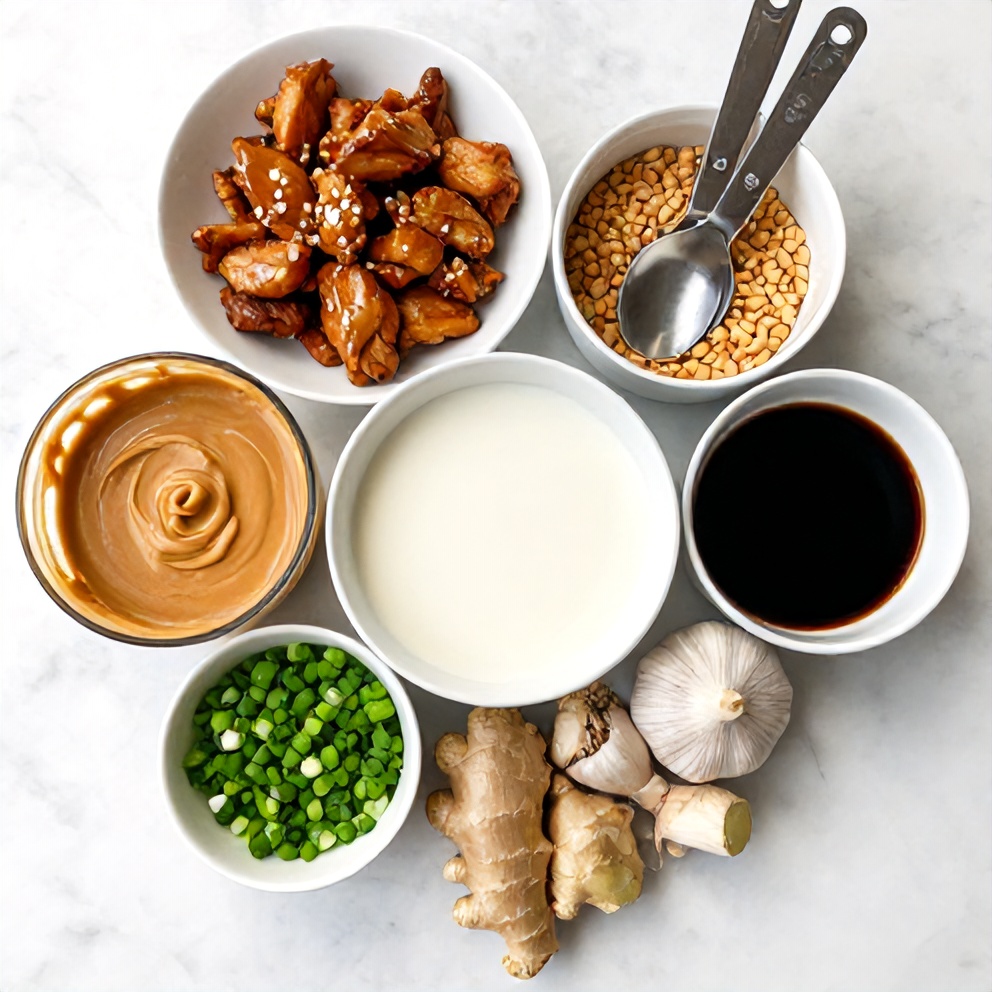 Thai Peanut Chicken ingredients: chicken, peanut butter, soy sauce, garlic, ginger, coconut milk, green onions, peanuts