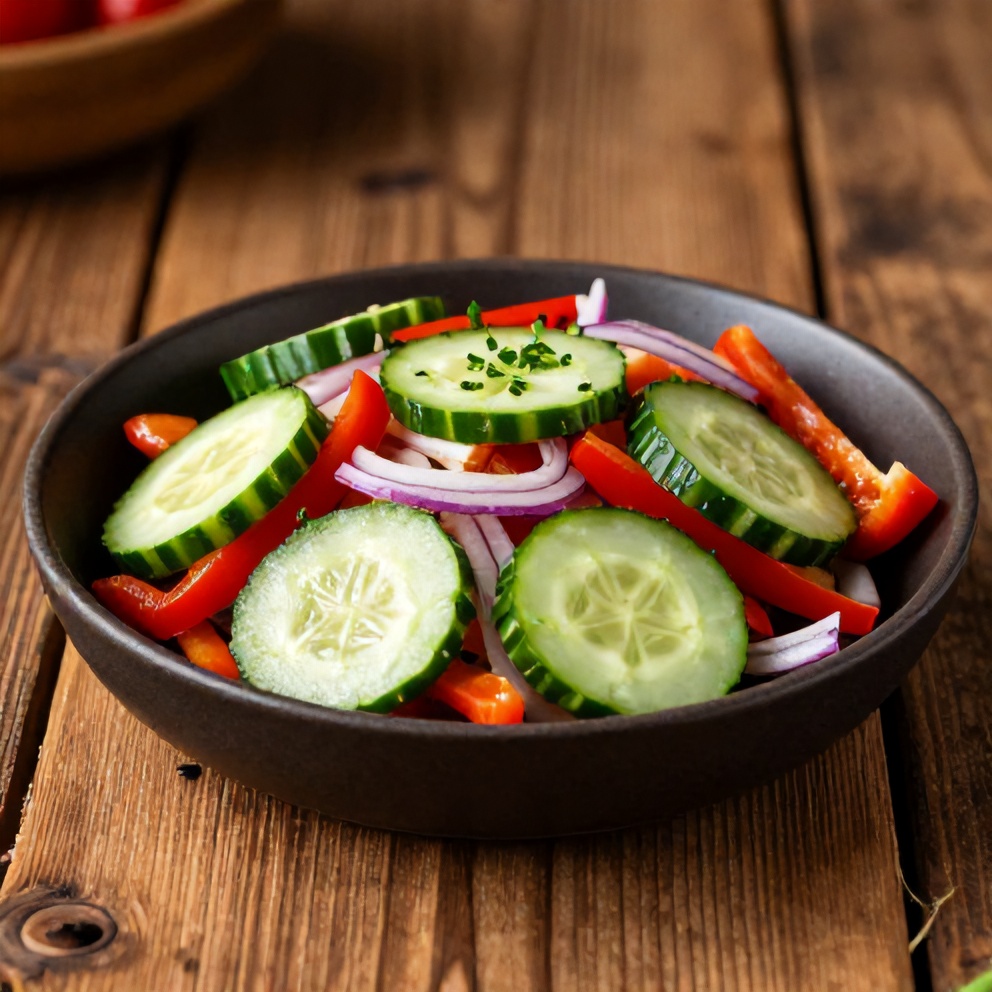 Cucumber sweet pepper salad on a rustic wooden table