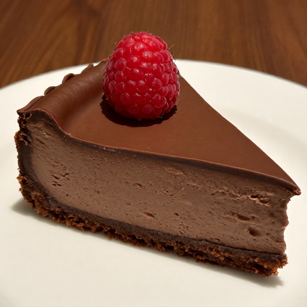 Slice of Easy Dark Chocolate Raspberry Cheesecake on a white plate with a raspberry on top