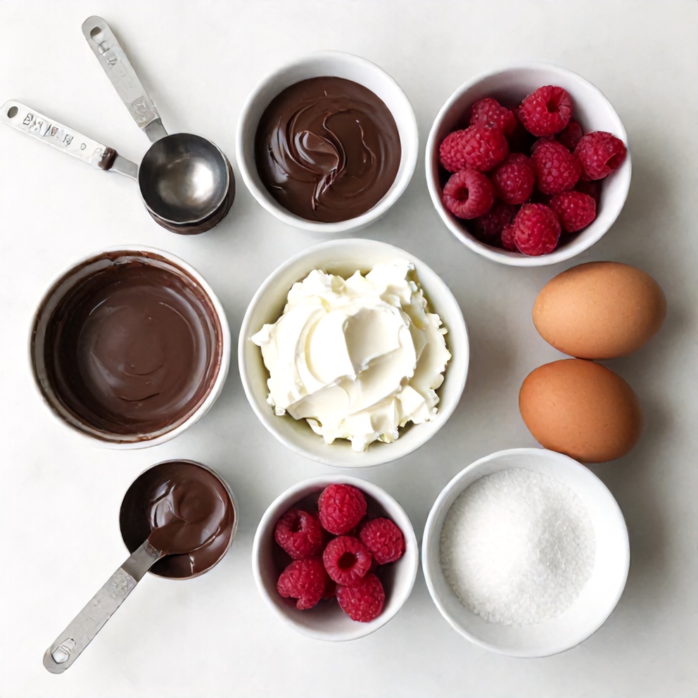 Dark chocolate, cream cheese, raspberries, eggs, and sugar arranged on a white marble surface