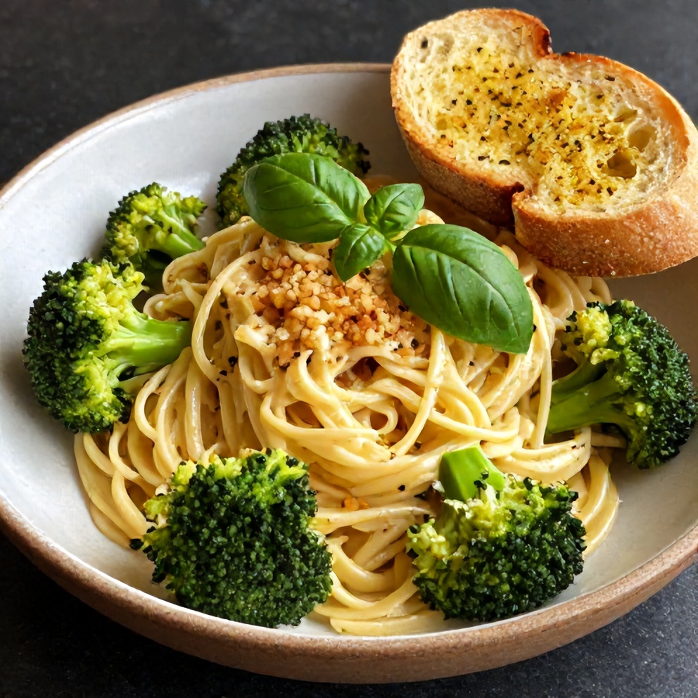 Garlic Parmesan Broccoli Pasta plated on a rustic dish with a side of garlic bread