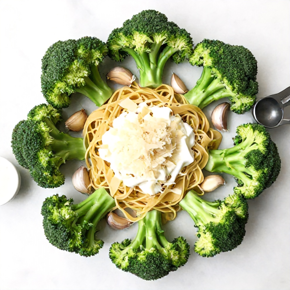 Broccoli, garlic, parmesan cheese, heavy cream, and pasta arranged on a marble surface